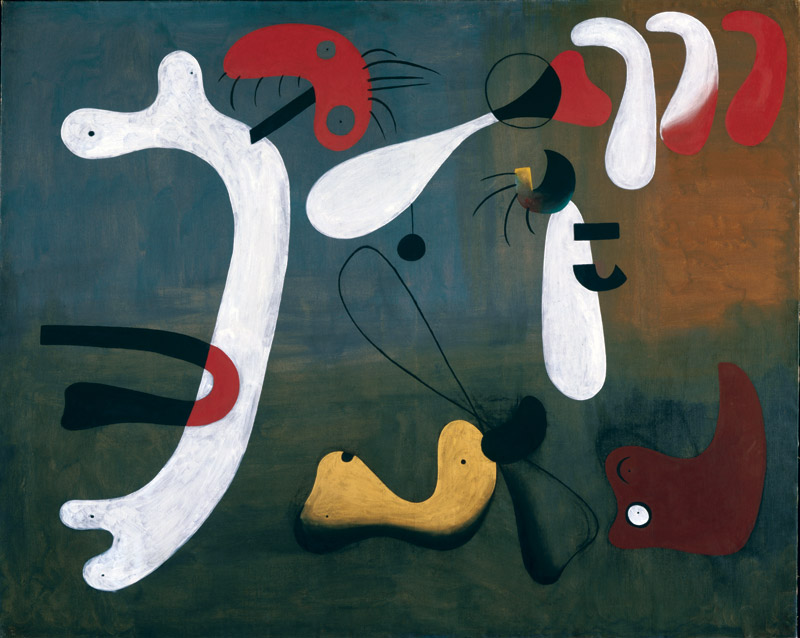 The biomorphic forms in Painting 1933 took shape after Miró created a corresponding collage composed of printed illustrations. The oblong figure eight extending from the center to the lower right was an airplane propeller in the collage. Graydon Wood. Copyright 2008 Successio Miró / Artists Rights Society (ARS), New York / ADAGP, Paris.