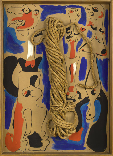 The Rope and People I, 41 1/4 inches by 29 3/8 inches, is one of a series from 1935-36 that Miró described as a critical self-review. The work is oil on cardboard with a coil of rope mounted on wood. The Museum of Modern Art, New York, Department of Imaging Services. Copyright 2008 Successio Miró / Artists Rights Society (ARS), New York / ADAGP, Paris.