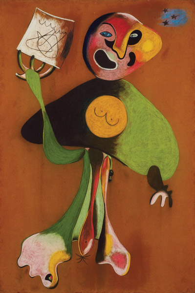The Pastels on Flocked Paper series reflects Miro’s reaction to political and civil strife in Spain in October 1934. Woman (The Opera Singer), 42 inches by 28 inches, illustrates what the artist described as aggressiveness through color. The Museum of Modern Art, New York, Department of Imaging Services. Copyright 2008 Successio Miró / Artists Rights Society (ARS), New York / ADAGP, Paris.