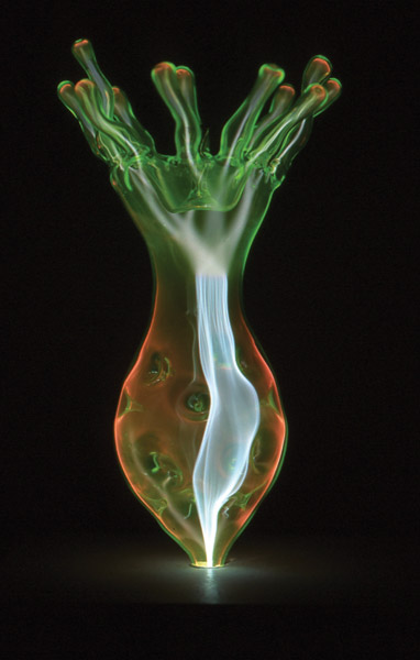 A kinetic light sculpture by Candice Gawne, Desire (Venus Series #2, 2003), uses rare uranium glass and noble gases. The artist's work has been featured in exhibitions of contemporary art at the Museum of Neon Art. Image courtesy Museum of Neon Art, Los Angeles.