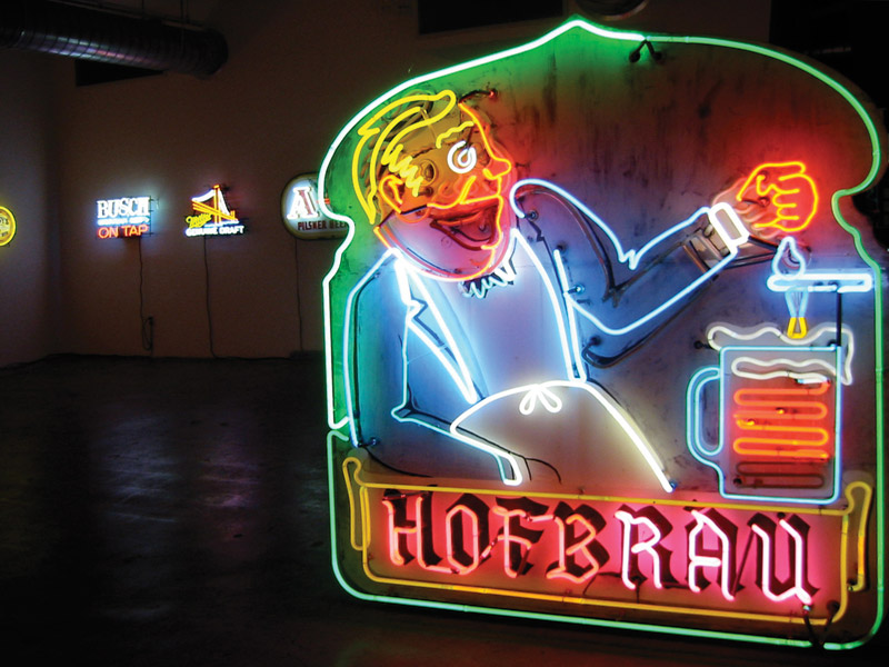 Part of the mission of the Museum of Neon Art in Los Angeles is the preservation of significant local advertising works such as this animated Hofbrau restaurant sign from Oakland. Image courtesy Museum of Neon Art, Los Angeles.