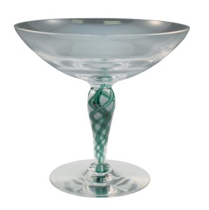Tiffin featured an Air Twist Stem at the Glass Trade Show in January 1953. This example is a no. 14 6-inch compote in Crystal with Pine offhand Air Twist and Tiffin Optic in the bowl. Image by Tom Hoepf.