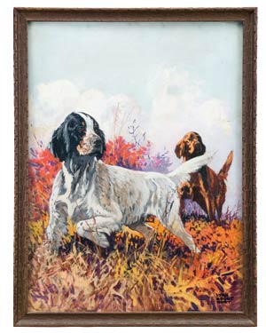 Lynn Bogue Hunt oil on canvas of sporting dogs. Sold in Lang’s Fall 2008 auction.
