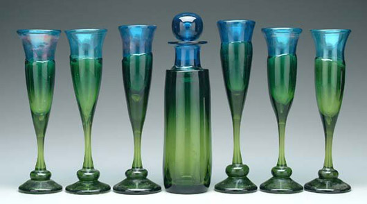 Blenko Glass director Joel Philip Myers designed this decanter and   goblet set dated 1969. The goblets are 13 inches. Image courtesy of   Brunk Auctions and LiveAuctioneers.com Archive.