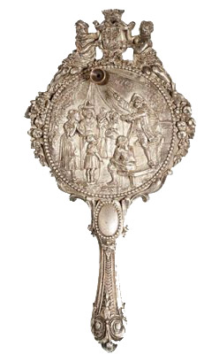 Made in France about 1880, this silver-plated hand mirror contains a stanhope viewer with 42 miniature photographs. The rare novelty sold for $19,400 at an auction in Austria in June. Image courtesy of WestLicht Photographica Auction and LiveAuctioneers.com Archive.