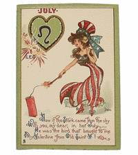 This Raphael Tuck valentine postcard printed about 1900 is one of a set of 12 cards, each based on a sign of the zodiac. July's sign is Leo, but the card mentions a stork, not a lion. The set brought $58 at an Alderfer Auction sale of postcards in Hatfield, Pa.
