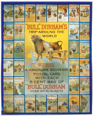 This Framed Bull Durham Smoking Tobacco counter sign with attached Bull Durham souvenir postal cards was once nailed to a wall. Image courtesy Rich Penn Auctions.