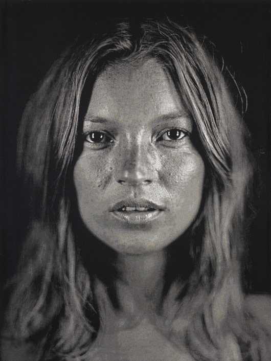 A larger-than-life image of Kate Moss is on a woven textile created by Chuck Close. Image courtesy Wright.