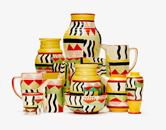 Grouping of Clarice Cliff pottery in the rare circa-1930s pattern called Sunspots. Image courtesy Bonhams.