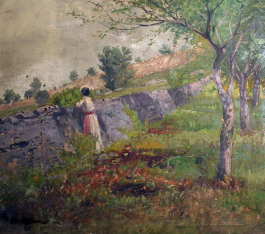 Woman leaning on stone wall, oil on canvas, 24 x 28 inches. Image courtesy Wooden Nickel Antiques.