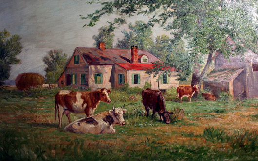 Cow in front of farmhouse and barn, oil on canvas, 19 x 33 inches. Image courtesy Wooden Nickel Antiques.