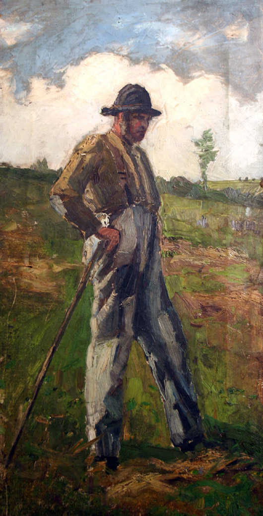 Farmer with walking stick, oil on canvas, 23 x 12½ inches. Image courtesy Wooden Nickel Antiques.