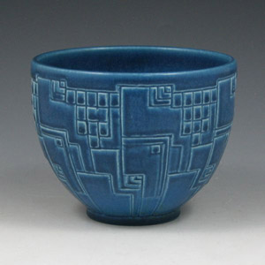 Rookwood 1930 art deco matte blue bowl. Image courtesy Belhorn Auction Services LLC.