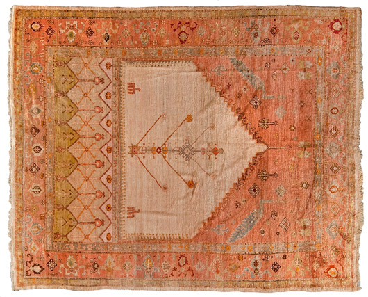 Room-size Angora directional Oushak rug, Turkish, circa 1920, $12,925. Image courtesy Cowan's Auctions.