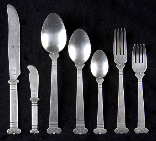 Silversmith Hector Aguilar designed this spectacular 84-piece Aztec pattern flatware service, which is expected to bring $25,000-$35,000. Image courtesy Leland Little Auctions.