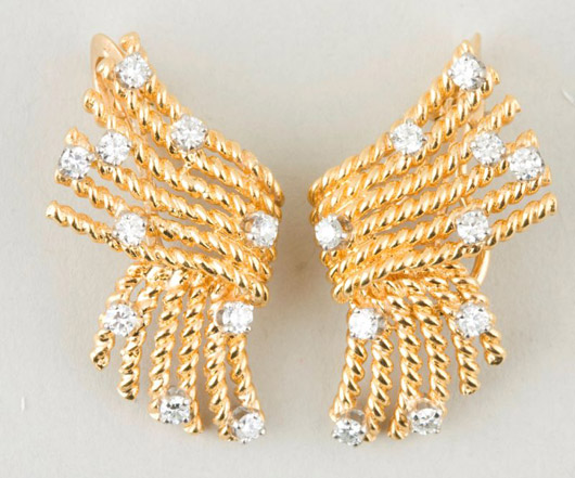 These Tiffany Schlumberger 18-karat diamond earrings have a twisting rope splay motif. Image courtesy Leland Little Auctions.