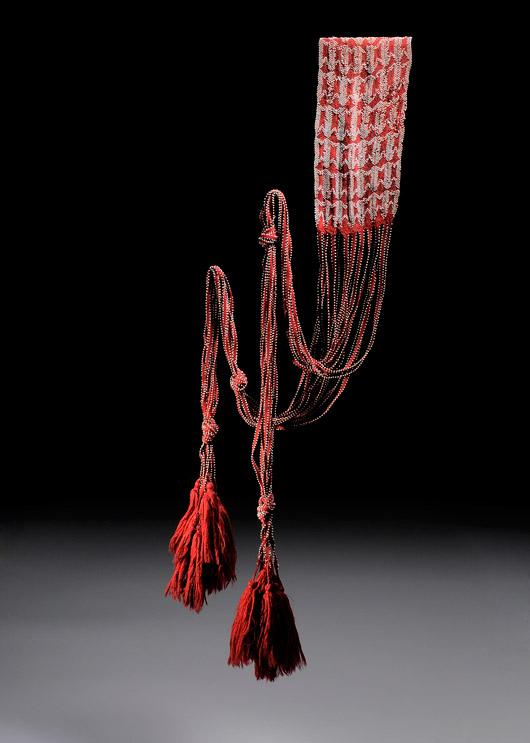 Creek or Seminole finger-woven shoulder sash, circa 1840s-50s, total length 118 inches. Image courtesy Cowan Auctions.