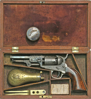 Colt 1849 Pocket Model engraved firearm, exhibition grade. Estimate: $40,000-$60,000. Image courtesy Manitou Galleries.