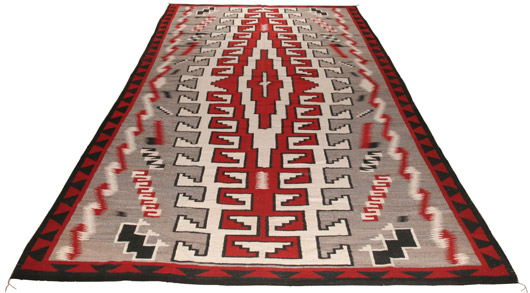 Navajo Sunrise Klagetoh weaving, one of possibly only three of this size woven by the Navajo in the 1950s. Estimate: $30,000-40,000. Image courtesy Manitou Galleries.