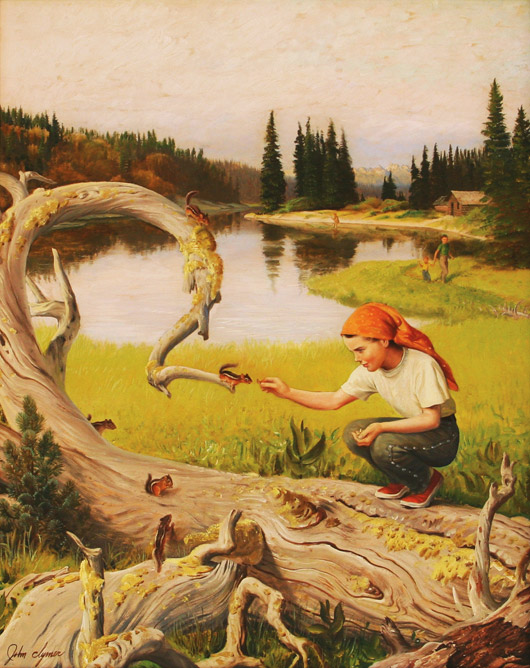Feeding Chipmunks, John Clymer (1907-1989). Featured on cover of May 16, 1953 issue of The Saturday Evening Post. John Clymer (1907-1989). Estimate: $20,000-$30,000. Image courtesy Manitou Galleries.