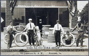 A real photo postcard from the early 1900s advertises the Auto Tire Shop is Roanoke, Va. Photo courtesy Jackson's Auction, Cedar Falls, Iowa, and LiveAuctioneers.com Archive.