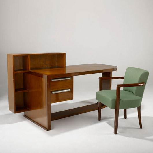 René Herbst designed this single-pedestal desk with integrated bookcase and armchair. The set is expected to sell for $15,000-$25,000. Photo courtesy Rago Arts & Auction Center.