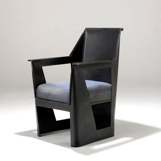 René Prou fabricated his 1930s Labormetal armchair of folded sheet steel. It supports a $2,500-3,500 estimate. Photo courtesy Rago Arts & Auction Center.
