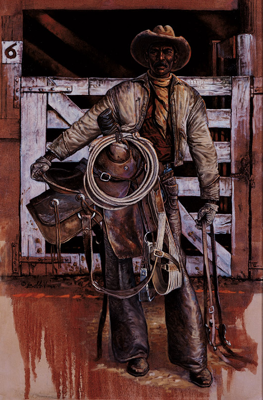 Philadelphia-born Bobb Vann paints the black West from his studio in Tubac, Ariz. His 1993 oil on canvas titled ‘Bill Pickett' measures 36 by 24 inches. © Bobb Vann. Image courtesy Booth Western Art Museum.