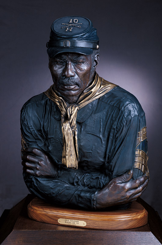 Sculptor Eddie Dixon, who was commissioned to do the Buffalo Soldier Monument at Fort Leavenworth, Kan., created this bronze titled ‘Old Soldier Rains of '75.' It stands 25 inches high. © Eddie Dixon. Image courtesy Booth Western Art Museum.