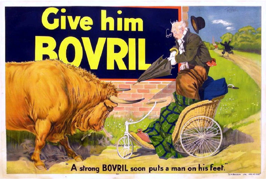 Tom Purvis (1888-1959) Give him Bovril, original poster No 6987 issued by S H Benson Ltd circa 1910 - 102 x 152 cm. Estimate: $1,400-$1,700. Image courtesy Onslows Auctioneers.