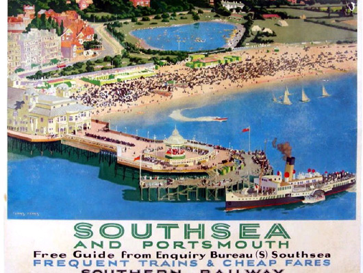Chas Pears (1873-1958) Southsea and Portsmouth, Ad. 3867, original poster printed for SR by Waterlow & Sons Ltd 1936 - 102 x 127 cm. Estimate: $1,400-$2,100. Image courtesy Onslows Auctioneers.