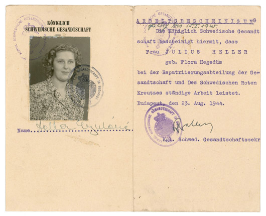 An employment pass, signed by Raoul Wallenberg and issued to Mrs. Julius Heller on August 23, 1944 states that Mrs. Heller 'is in steady employment with the Repatriation Department of the Embassy, as well as with the Swedish Red Cross,' and also bears her photo and signature. Image courtesy RR Auctions.