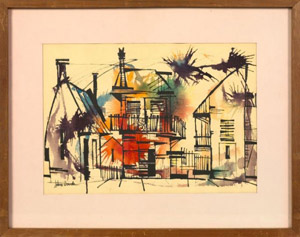 French Quarter Cottages, watercolor and India ink painting by Johnny Donnels. Courtesy LiveAuctioneers Archive/New Orleans Auction Gallery 3/29/09 auction catalog.