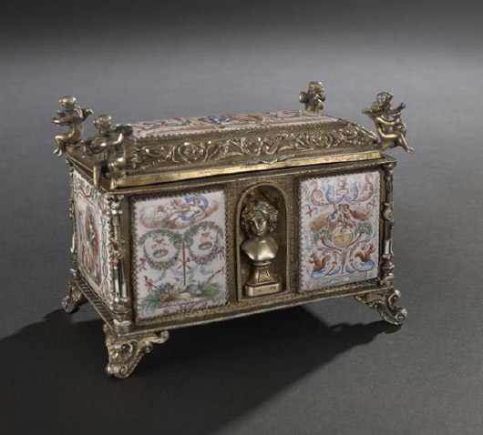 Crafted in Vienna circa 1900 by Karl Roessler, this silver gilt and enamel table box is 4 7/8 inches wide. It has a $12,000-$18,000 estimate. Image courtesy New Orleans Auction Galleries.