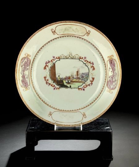 Four European ships are pictured in the design of this rare Chinese Export Famille Rose porcelain charger from the Qianlong Reign (1736-1795).  Image courtesy New Orleans Auction Galleries.