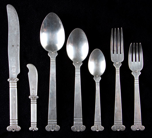 84-piece sterling silver service in the Aztec pattern by Hector Aguilar, circa 1940-1945 ($37,950). Image courtesy Leland Little.