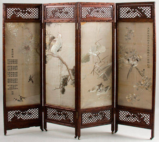 One of the sleeper items of the sale was this lovely Oriental four-panel folding screen ($10,235). Image courtesy Leland Little.
