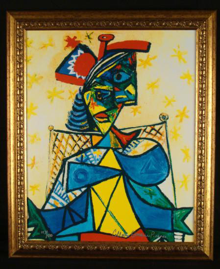 Picasso's limited edition litho print on canvas of 'Woman in Red and Blue Hat' is signed by the Estate of Picasso and has a $2,000-$3,800 estimate. Image courtesy Universal Live.
