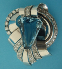 1940s triangular aquamarine in a diamond clip brooch pendant, being sold by Plaza for $8,142 (£5,500) at the Hellaby Hall Luxury Antiques Weekend April 24-26. Image courtesy Hellaby Hall Luxury Antiques Weekend.