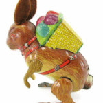 This 3 1/2-inch-tall tin rabbit with felt ears and a basket of eggs on its back hops when wound up. The Easter toy was made in the late 1940s and sold for just $42 at a Dirk Soulis auction in Lone Jack, Mo.