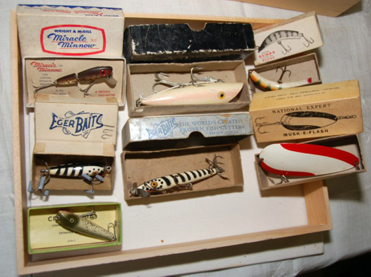 The selection of boxed antique and vintage lures is impressive. Image courtesy Dudley Auction.
