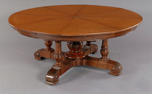 Made in London in the 1840s, this mahogany Jupe-type dining table carries an estimate of $35,000-$45,000. Image courtesy Skinner Inc.
