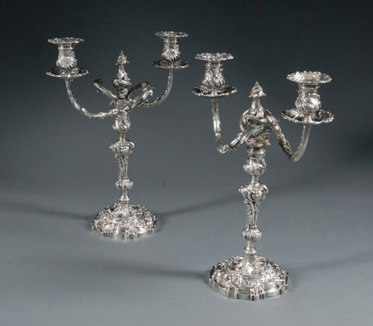 London silversmiths William Burwash and Richard Sibley crafted this pair of George III silver convertible candelabra in 1807. Image courtesy Skinner Inc.