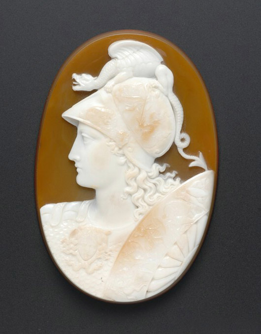 The goddess Athena is portrayed in this large agate cameo, which has a $1,000-$1,500 estimate. Image courtesy Skinner Inc.