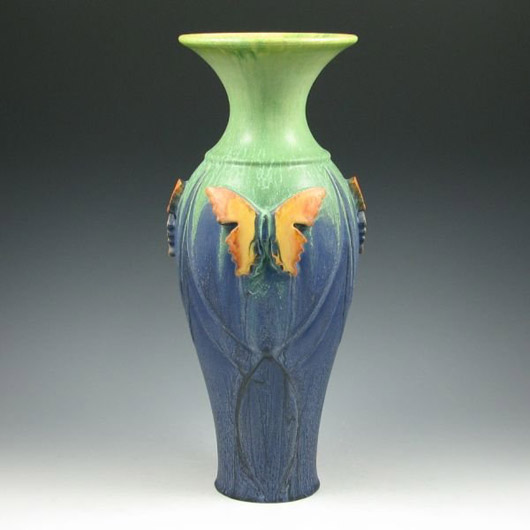 Vase with butterflies, 14 inches, collaborative effort by Chris Powell of Chris Powell Pottery and Scott Draves of Door Pottery. Estimate $500-$700. Image courtesy Belhorn Auction Services.