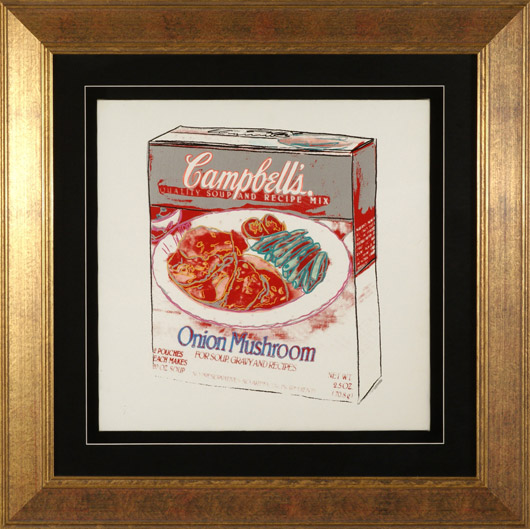 ‘Campbell's Soup Box-Onion Mushroom' is signed and dated ‘Andy Warhol '86.' It carries a $300,000-$350,000 estimate. Image courtesy Lewis & Maese Auction.