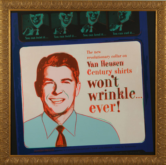 The all-American visage of Ronald Reagan stars in Warhol's screen print of a Van Heusen shirt ad. Lewis & Maese Auction.