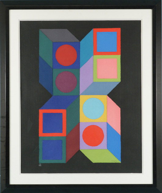 Vasarely's mixed media work is aptly titled ‘Abstract' and numbered 117 of 200. It measures 39 by 31 inches. Lewis & Maese Auction.