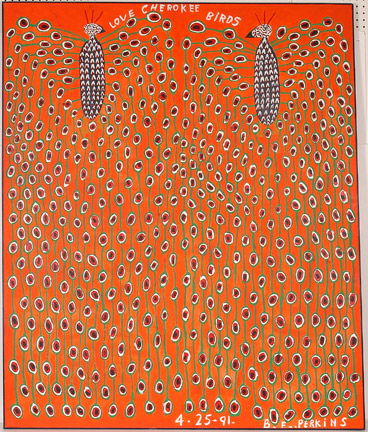 Acrylic on canvas by B.F. Perkins, titled Cherokee Love Birds in Orange ($6,900). Image courtesy Slotin Auction.