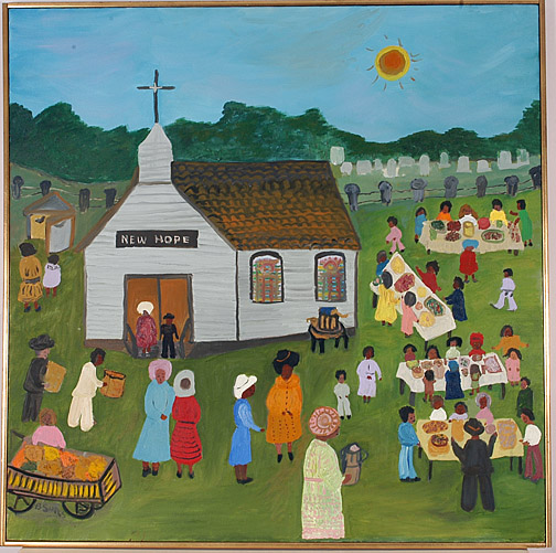 Early oil-on-canvas rendering by Bernice Sims, titled New Hope Church ($3,450). Image courtesy Slotin Auction.